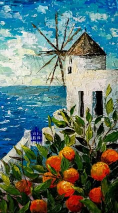 an oil painting of a house by the ocean with orange flowers in front of it