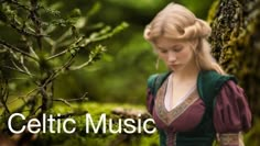 a woman in a green dress standing next to a tree with the words celtic music on it