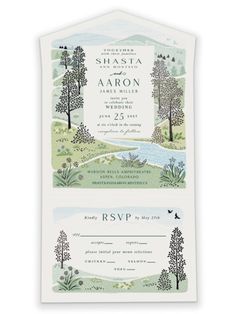 two wedding cards with trees on them