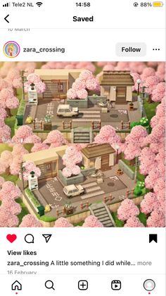 the screenshot shows an aerial view of a house with trees and flowers in bloom