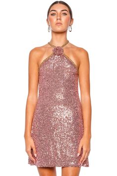 This sequin mini dress features a crystal embellished halter neckline complete with a center floral applique detail. Back zip fastening 92% nylon, 8% elastane Tulle lining Dry clean only Made in USA Sequin Halter, Rose Gold Sequin, Naeem Khan, Halter Mini Dress, Hoco Dresses, Sequin Mini, Gold Sequin, Floral Applique, Sequin Mini Dress