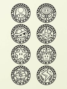 four black and white circles with different symbols on them, all in the same circle