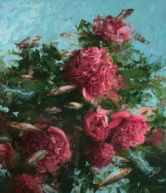 a painting of pink flowers in a vase with goldfish and fern leaves on the side