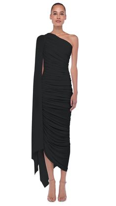 DIANA GOWN W/ SLEEVE – Black – Norma Kamali Draped Maxi Dress With Draped Sleeves, Fitted Asymmetrical Pre-draped Maxi Dress, Asymmetrical Maxi Dress With Draped Sleeves, Black Maxi Dress With Draped Sleeves, Evening Stretch Draped Maxi Dress, Stretch Draped Cocktail Maxi Dress, Stretch Draped Maxi Dress For Cocktail, Fitted Asymmetrical Draped Dress For Evening, Asymmetrical Maxi Dress Pre-draped