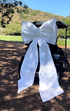 a white bow tied to the back of a golf cart