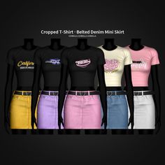 five different colored skirts are shown in front of a black background with the words cropped t - shirt - belted denim mini skirt