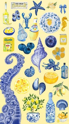 a painting of blue and white items on a yellow background, including oranges, lemons, watermelon