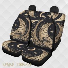 the car seat covers are decorated with gold stars and crescents, as well as moon phases