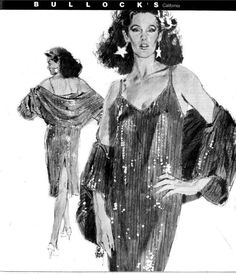 a drawing of a woman in an evening dress with sequins on the shoulders