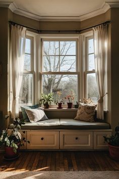 #homedecor, #interior design, #homedesign, #decorinspiration Curtains Bay Window Seat, Sitting Area Under Window, Blinds And Curtains Bay Window, Three Bay Window Curtain Ideas, Curtain Bay Window Living Room, Bay Window Shelf Ideas, Curtains For Window Seat, Small Bay Window Seat, 2 Windows Living Room