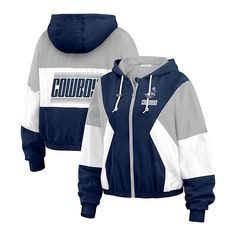 Officially Licensed NFL Wear Color Block Windbreaker Jacket Showcase your team style with this color block zip windbreaker from WEAR by Erin Andrews. Contrasting colors and woven patches make this the perfect gameday look. Cowboy Jacket, Erin Andrews, Quarter Zip Jacket, Women's Wear, Women Hoodies Sweatshirts, Football Fans, Navy Color, Dallas Cowboys, Lightweight Jacket