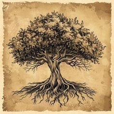 a drawing of a tree with roots and leaves on an old paper background stock photo