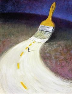 a painting of a paintbrush on the side of a road that is painted yellow