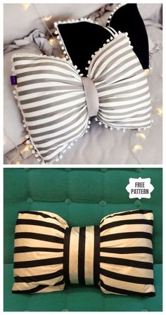 two different pillows with black and white striped bows on them, one in the shape of a bow