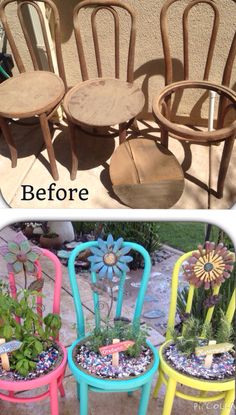 the before and after photos show how to paint chairs with flowers in their potted planters