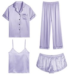 PRICES MAY VARY. 【Premium Material】--- This 4 piece pajama set is made of high-quality satin(95% Polyester, 5% Spandex), which is very soft, lightweight, and comfortable. This lightweight pajama set has a silky texture that will make you feel smooth and shiny, never pilling or fading, and help you sleep well, dreamlike. 【4Pcs Pajama Set】--- Women 4 pcs pjs sets include spaghetti strap cami top, a button-down short sleeve sleepshirt, a pair of shorts, a pair of long pants. This four-piece sets for multiple wearing styles, you can match these sleepwear in different way to meet your needs in different weather and temperature. 【Pajama Features】--- ❤Cami top: The cami features with an adjustable spaghetti strap so you can easily adjust its length. Sexy V-neck, inspires sultry flirt and your sex Cute Cheap Nightgown For Pajama Party, Cheap Casual Pajama Party Sets, Cheap Elegant Sleepwear For Spring, Cheap Romantic Sleepwear For Sleepover, Cheap Bottoms With Elastic Waistband For Pajama Party, Trendy Cheap Shirt For Loungewear, Cheap Pajama Shorts For Women Sleepover, Cheap White Sleepwear For Sleepover, Cheap Fun Sleepwear For Pajama Party