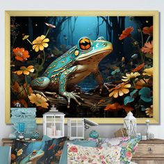 a blue frog sitting on top of a bed next to flowers and butterflies in the forest