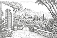 a black and white drawing of a garden with cactuses, cacti and trees