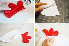 four pictures showing how to make felt hearts