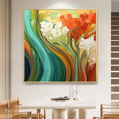 an abstract painting on the wall above a dining room table with chairs and wine glasses