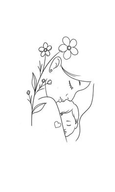 a drawing of a woman holding a baby in her arms with flowers growing out of it