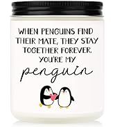 a white jar with penguins on it that says when penguins find their mate they stay together, you're my penguin