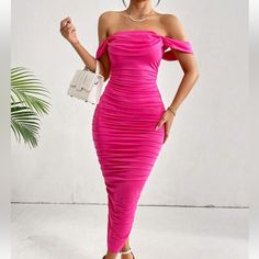 The Nwt's Off Or On Shoulder Ruched Side Bodycon Dress In Hot Pink, Sized Large, Is A Stunning And Versatile Piece That Seamlessly Blends Bold Style With A Flattering Silhouette. This Dress Allows You To Showcase An Off-The-Shoulder Or On-The-Shoulder Look, Providing Versatility For Various Occasions. The Hot Pink Color Adds A Vibrant And Playful Touch, Perfect For Making A Statement. The Ruched Detailing On The Sides And Bodycon Fit Contribute To A Figure-Hugging And Flattering Style. With The Fushia Dress Outfit Wedding, Hot Pink Color, Bold Style, Body Contouring, Bold Fashion, In Hot, Pink Color, Pink Ladies, Off The Shoulder