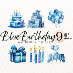 blue birthday watercolor clip art