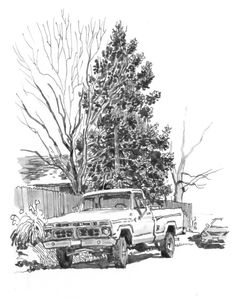 a drawing of a truck parked in front of a tree