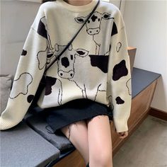 Shipping from the US. Easy 30 day return policy, 100% cotton, Double-needle neck, sleeves and hem; Roomy Unisex Fit. Minimal Stil, Look 80s, Egirl Outfits, Harajuku Women, A Cow, Loose Sweater, Mode Vintage, Looks Style, Printed Sweater