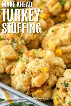 make ahead turkey stuffing in a white bowl with text overlay that reads, make ahead turkey stuffing