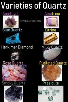 an image of different types of quartzs and their names on a black background with text