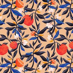 an orange and blue floral pattern on a tan background with leaves, flowers, and berries