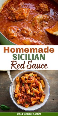 homemade sicilian red sauce with meatballs and pasta