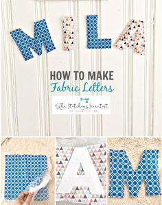 how to make fabric letters with the letter m in blue and white, hanging on a wall