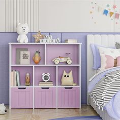 a child's bedroom decorated in pastel colors with toys and bookshelves