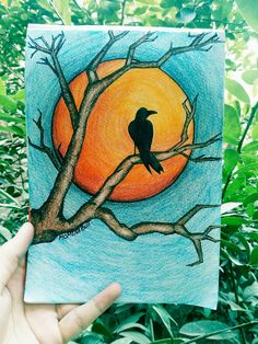 a drawing of a bird sitting on a tree branch with the sun in the background