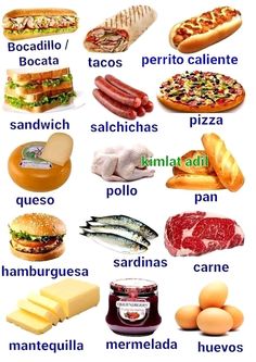 an image of different foods that are in english and spanish words on a white background