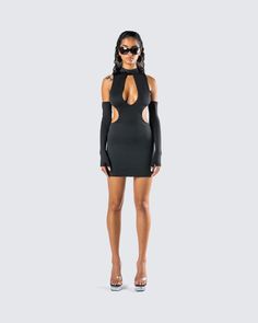 Be the one they all desire in this black mini cutout dress 😈 Made from jersey fabric, and complete with a bodycon fit, side cutouts, and center back neck buttons and loops - this dress will accentuate all your hot spots, turning you into an untouchable goddess 🔥 Bodycon Mini Dress With Cutout, Cutout Mini Dress For Night Out, Stretch Night Out Dress With Thumbholes, Fitted Backless Mini Dress For Night Out, Chic Mini Length Bodycon Dress With Cutout, Backless Cutout Mini Dress For Going Out, Mini Length Bandage Dress For Night Out, Flirty Bodycon Mini Dress For Club, Edgy Stretch Mini Dress For Going Out