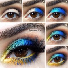 Blue And Yellow Eye Makeup, Blue Yellow Eye Makeup, Flounder Makeup, Blue And Yellow Eyeshadow, Eye Makeup Yellow, Eyeshadow Pictorial, Yellow Eyeshadow Looks, Competition Makeup