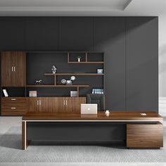 a modern office with black walls and wooden furniture