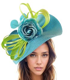 Turquoise Aqua Blue Lime Acid Green Kentucky Ascot Derby Fascinator Headband Saucer Hat Wedding Tea Party Race Ladies Day Formal KY Saucer Turquoise Blue & Lime Green Cornelia Kentucky Derby Fascinator Turquoise base trimmed with lime acid green loops and a turquoise silk rose Fascinator Hat Base measures 14 inches wide This turquoise and lime green fascinator hat is mounted with a matching headband. If you prefer a headband to match your hair, please make a note at check out what colour headban Blue Adjustable Fascinator For Summer, Adjustable Blue Fascinator For Summer, Blue Fascinator With Short Brim For Summer, Summer Blue Fascinator With Short Brim, Blue Short Brim Fascinator For Summer, Fitted Blue Fascinator For Garden Party, Blue Curved Brim Mini Hat For Races, Elegant Blue Mini Hats For Garden Party, Blue Curved Brim Headpiece For Kentucky Derby