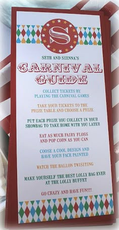 a menu for carnival gubs with candy canes in the background