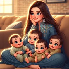 a woman sitting on top of a couch with three babies