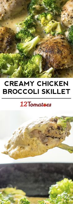 broccoli and chicken is being cooked in a skillet with the words creamy chicken broccoli skillet