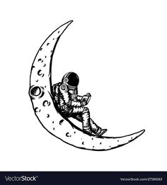 an astronaut is sitting on the moon with his feet in the air, vintage line drawing or engraving illustration