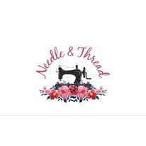 the needle and thread logo is shown on a white background with pink flowers around it