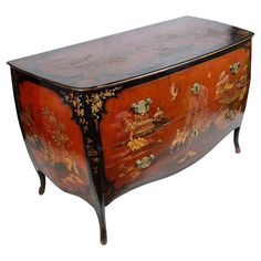 A very decorative and imposing early 18th Century Venetian, Red Chinoiserie lacquer bombe commode. Having ebonized boarders with gilded scrolling foliate decoration surrounding inset red lacquer panels depicting classical oriental scenes of pagoda building, men on horse back, bridges and blossom trees. Two large pine lined drawers with the original brass handles, raised on elegant out swept feet. Batch 78 62825. UNKZZ Red Chinoiserie, Man On Horse, Commode Chest, Red Lacquer, Brass Handles, Dresser Drawers, Chest Of Drawers, Storage Cabinets, Chinoiserie