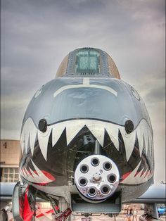 the nose of an airplane is decorated with black and white designs on it's side