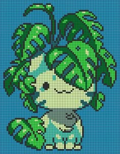 a cross stitch pattern of a dog with a plant on its head, in blue and green